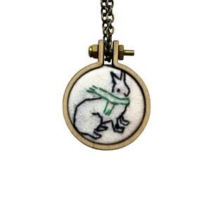 Handmade Rabbit Embroidery Necklace in Tiny Mini Embroidery Hoop